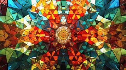 Poster - Stunning Kaleidoscope with Stained Glass Geometric and Fractal Shapes for a Colorful and Intricate Visual Experience.