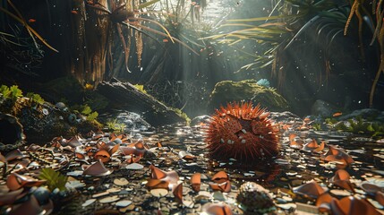 Poster - Detailed image of a sea urchin composed of broken glass and plastic shards in a haunting underwater landscape leaving ample empty space on the left side of the image Stock Photo with copy space