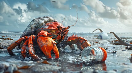 Aufkleber - Surrealistic image of a hermit crab using a plastic bottle cap as its shell in a contaminated seabed with significant empty space on the right side of the image Stock Photo with copy space