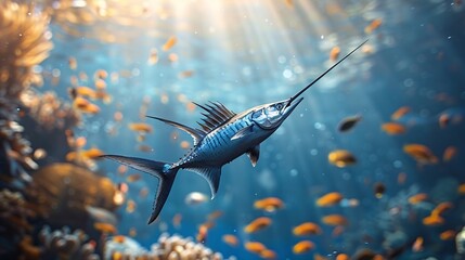 Aufkleber - Detailed depiction of a swordfish with a bill made from metal rods and plastic waste in a murky underwater environment leaving ample empty space on the left side of the image Stock Photo with copy