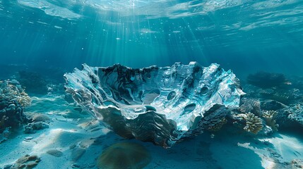 Aufkleber - Surreal illustration of a clam with a shell formed from metal scraps and plastic waste in a contaminated underwater scene leaving ample empty space on the left side of the image Stock Photo with copy