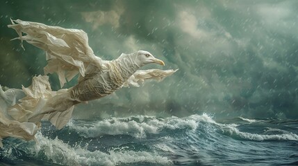 Aufkleber - Eerie scene of a seagull with feathers made from plastic bags and chemical waste flying over a polluted ocean with significant empty space on the right side of the image Stock Photo with copy space