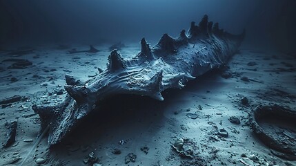 Aufkleber - Detailed image of a sea cucumber composed of metal scraps and plastic fragments in a haunting underwater landscape leaving ample empty space on the left side of the image Stock Photo with copy space