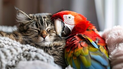 Aufkleber - Close-up of a cat snuggling with a parrot in a warm and cozy environment ensuring significant empty space on the right side of the image Stock Photo with copy space