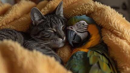 Aufkleber - Close-up of a cat snuggling with a parrot in a warm and cozy environment ensuring significant empty space on the right side of the image Stock Photo with copy space