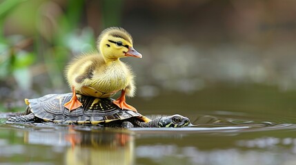 Poster - Detailed image of a duckling riding on the back of a turtle in a pond with significant empty space on the right side of the image Stock Photo with copy space