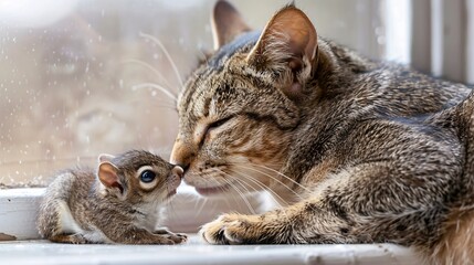 Poster - High-resolution shot of a cat grooming a baby squirrel on a sunny windowsill leaving ample empty space on the left side of the image Stock Photo with copy space