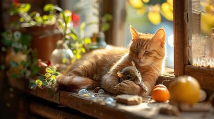 Poster - High-resolution shot of a cat grooming a baby squirrel on a sunny windowsill leaving ample empty space on the left side of the image Stock Photo with copy space