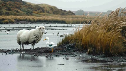 Poster - Unlikely friendship between a sheep and a duck sharing a meal in a meadow leaving ample empty space on the left side of the image Stock Photo with copy space