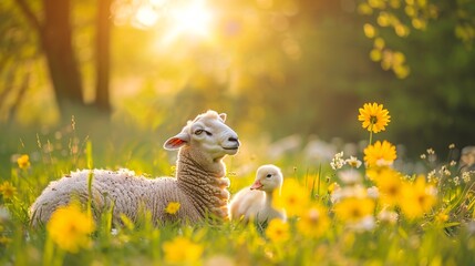 Poster - Unlikely friendship between a sheep and a duck sharing a meal in a meadow leaving ample empty space on the left side of the image Stock Photo with copy space