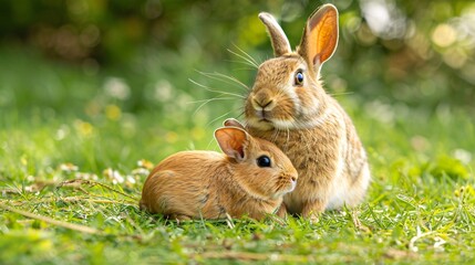 Poster - High-resolution shot of a rabbit resting beside a guinea pig in a garden with significant empty space on the right side of the image Stock Photo with copy space