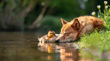 Poster - Detailed image of a dog and a duck napping together by a pond leaving ample empty space on the left side of the image Stock Photo with copy space