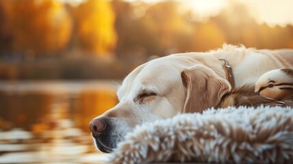 Poster - Detailed image of a dog and a duck napping together by a pond leaving ample empty space on the left side of the image Stock Photo with copy space