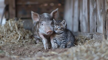 Aufkleber - Close-up of a piglet and a kitten nuzzling each other in a barn with significant empty space on the right side of the image Stock Photo with copy space