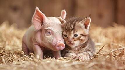 Aufkleber - Close-up of a piglet and a kitten nuzzling each other in a barn with significant empty space on the right side of the image Stock Photo with copy space