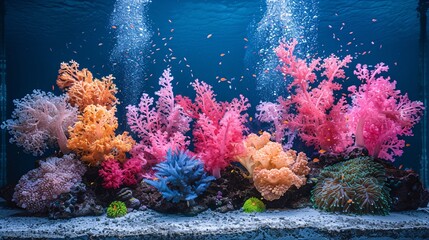 Poster - Close-up of bleached coral reefs underwater with vibrant marine life contrasting against the pale coral leaving ample empty space on the right side of the image for design purposes Stock Photo with