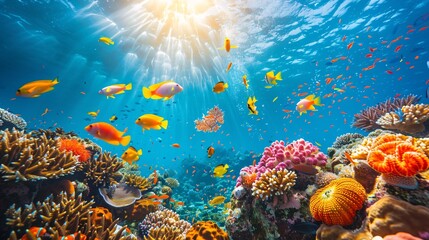 Poster - Close-up of bleached coral reefs underwater with vibrant marine life contrasting against the pale coral leaving ample empty space on the right side of the image for design purposes Stock Photo with