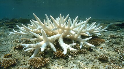 Poster - Underwater image of a coral reef showing the stark difference between healthy and bleached corals with significant empty space on the right side of the image Stock Photo with copy space