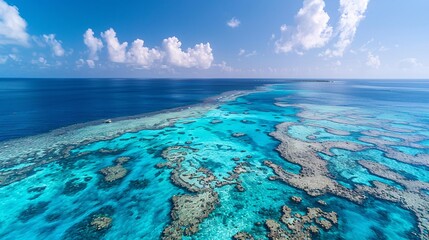 Poster - Wide-angle shot of a vast area of coral reef affected by bleaching with the stark white corals contrasted against the blue water and significant empty space on the right side of the image Stock Photo