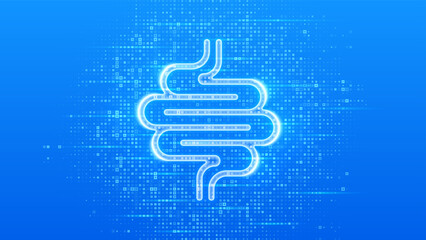 Intestine icon. Intestine health. Diagnosis, treatment of the bowel. Intestinal inflammation, colitis, dysbacteriosis. Blue medical background made with cross shape symbol. Vector illustration.