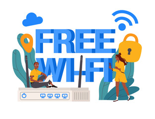 Poster - People with free wifi. Man and woman near huge router. Wireless connection and Internet connection. Young guy and girl near hotspot. Flat vector illustration isolated on white background