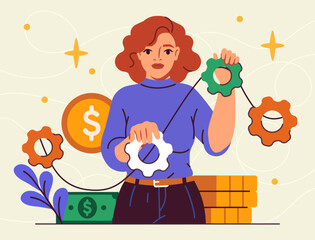 Woman with gears in hands. Business observation and management. Successful businesswoman, trader and investor. Financial literacy and passive income. Flat vector illustration