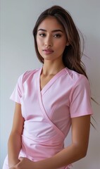 Wall Mural - A woman wearing a pink scrub top and white pants