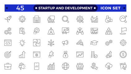  Startup and development outline icons set. Start up symbols collection. Launch, development, investment, innovation. Line icons related to project, startup, management, business.