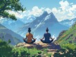 © INT888 - Two individuals meditating peacefully on a mountain top, surrounded by stunning landscapes and serene skies.