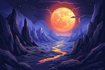 Rocky moon landscape with glowing river and large orange moon