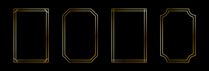 Poster - Thin golden frame set. Gold rectangular border collection in art deco style. Thin linear shining rectangle shape bundle. Metal glowing shiny boarder element pack for photo, cadre, poster, card. Vector