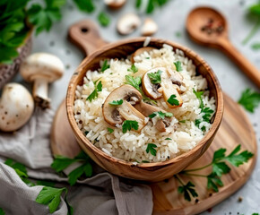 Wall Mural -  bowl of sizzling rice, sliced mushrooms. AI generative.