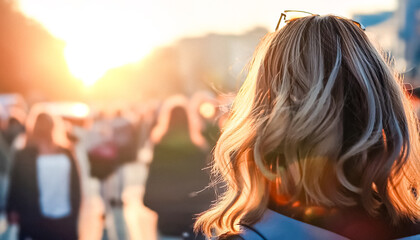 Wall Mural - Woman standing in a crowd with the sun setting behind her