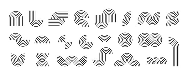 Poster - Black boho style geometric shape set. Mid century curves, waves and arches collection. Decorative line elements for graphic design template, poster, banner, cover. Vector wavy linear objects