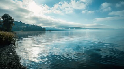 Wall Mural - Tranquil Lake Landscape with Misty Mountains