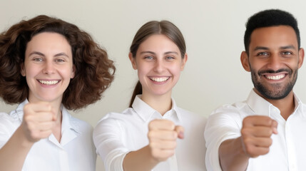 A diverse team of professionals, including two women and one man, celebrate with enthusiastic fist pumps. They display unity and happiness in a bright office environment, dressed in white shirts.