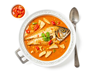 Poster - Fish Curry in a White Bowl with a Spoon