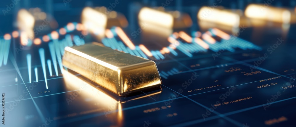 Close-up of a gold bar with an animated trading data graph behind ...