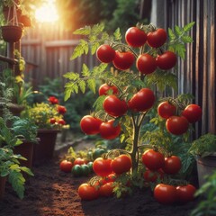 Red tomato plants thriving in a backyard garden