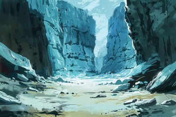 digital painting of a vast canyon with towering cliffs and a sandy riverbed