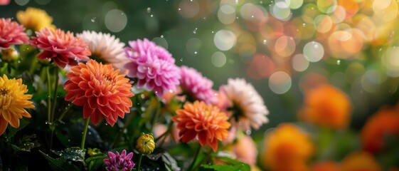 Wall Mural - Vibrant Dahlias in Bloom with Bokeh Background and Water Droplets