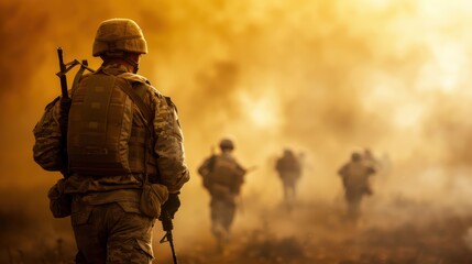 Soldiers Marching Through Dusty Battlefield at Sunset in Full Combat Gear