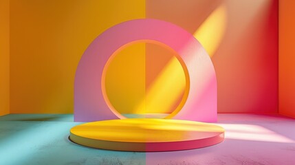 Circular podium with a bright, colorful background, providing a vibrant space for text and products