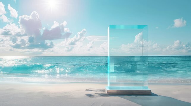 Glass podium with a serene beach background, ideal for adding text and showcasing products