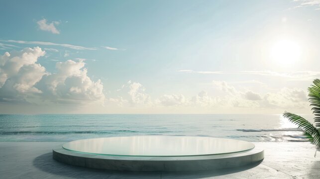 Glass podium with a serene beach background, ideal for adding text and showcasing products