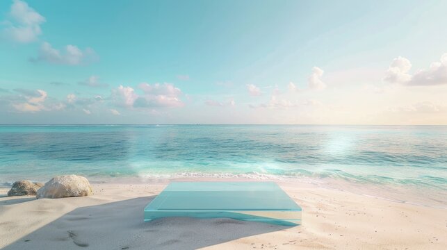 Glass podium with a serene beach background, ideal for adding text and showcasing products