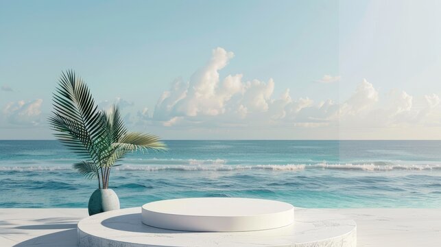 Minimalist podium with a serene beach background, perfect for showcasing products and text