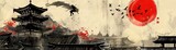 A ninja leaping across rooftops under the full moon, traditional architecture below, Japanese Ink Art, Monochrome with Red Accents