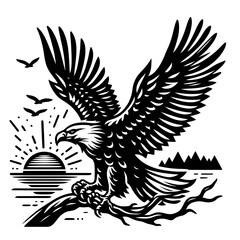 Wall Mural - Eagle black line stencil artwork isolated on white background PNG