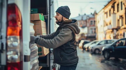 Wall Mural - A delivery driver unloading bulk goods from a truck at a retail location.